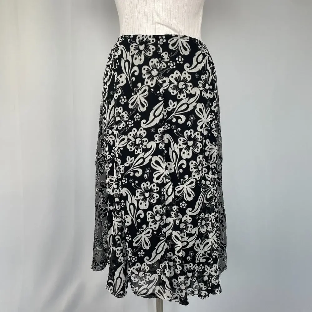 Y2K Midi Skirt Size 12 Black Gray Floral Boho Flare Chiffon Fairy Whimsigoth Vtg